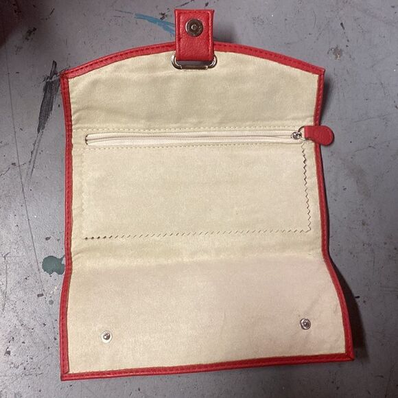 Red + Cream Leather Bi Fold Travel Jewelry Organizer - Picture 4 of 5